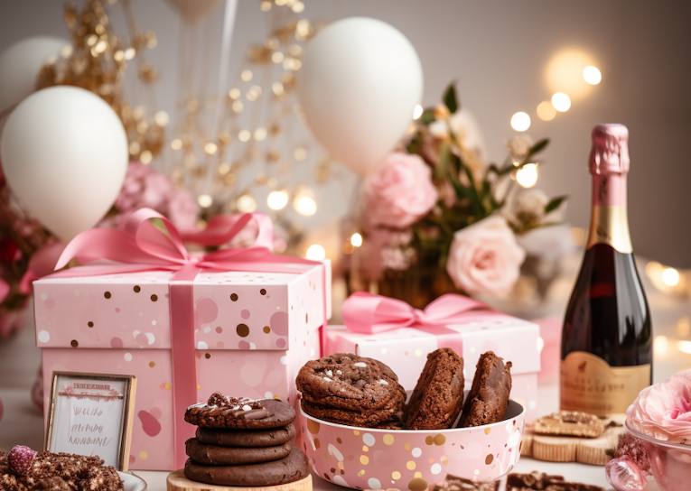Geschenke für Frauen Schokolade mit Keksen, pinkem Design, Luftballons und Champagner