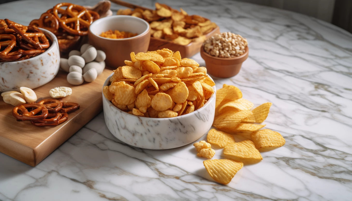 Kartoffelchips, Snacks, Brezel  auf Marbel-Tisch