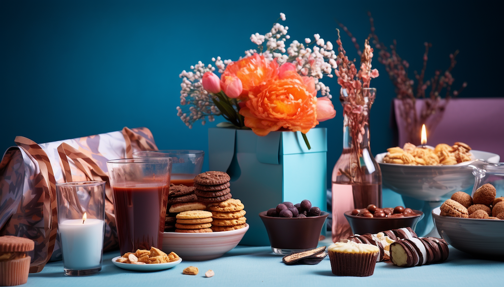 Geschenke für Freunde mit Schokolade, Blumenstrauß, Milch, Kerzen und weitere Deko mit blauem Hintergrund