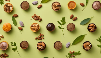 Vegane Süßigkeiten und Snacks fein nebeneinander dekoriert mit grünem Hintergrund