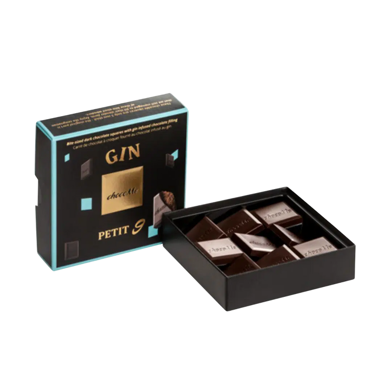 Dunkle Schokolade Quadrate Gin Pralinen von ChocoMe offene Box