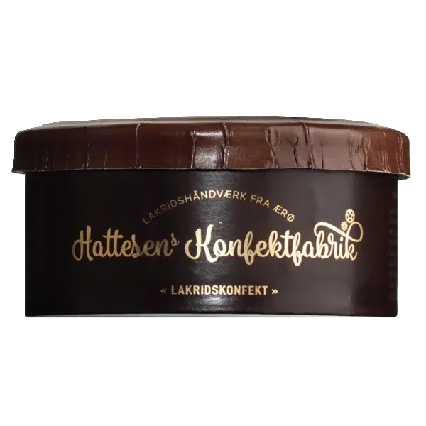 Vegane Lakritz mit Schokolade von Hattesens Konfektfabrik in brauner Verpackung von der Seite
