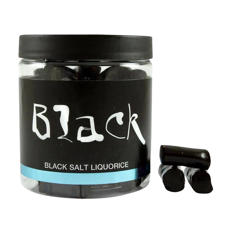 Lakritze mit Salz von Black in durchsichtiger Dose und Lakritze als Deko
