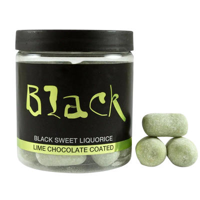 Lakritze mit weißer Schokolade Limette von Black in durchsichtiger Dose