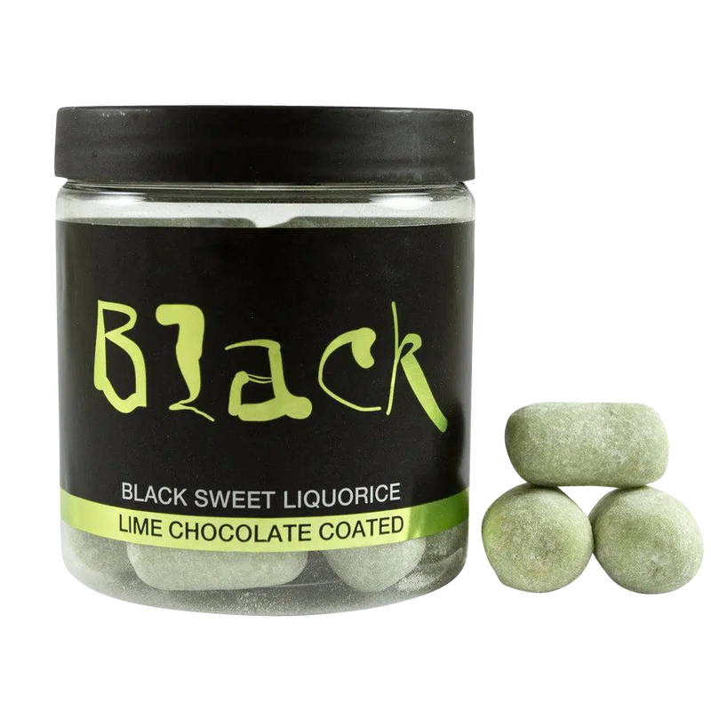 Lakritze mit weißer Schokolade Limette von Black in durchsichtiger Dose