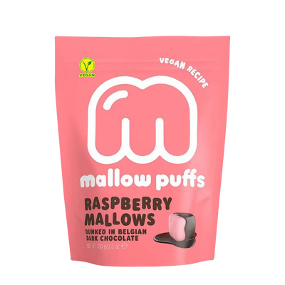 Marshmallows mit Himbeeren in dunkler Schokolade von Mallow Puffs