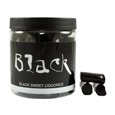 Süße Lakritze von Black in durchsichtiger Dose und Lakritze als Deko