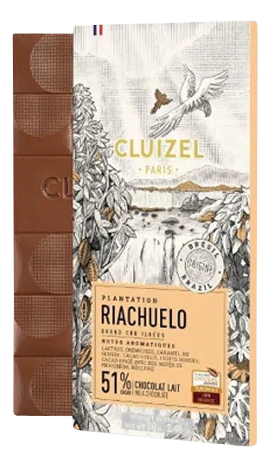 Vollmilchschokolade von Cluziel in Verpackung mit Motiv von Plantage in Brasilien