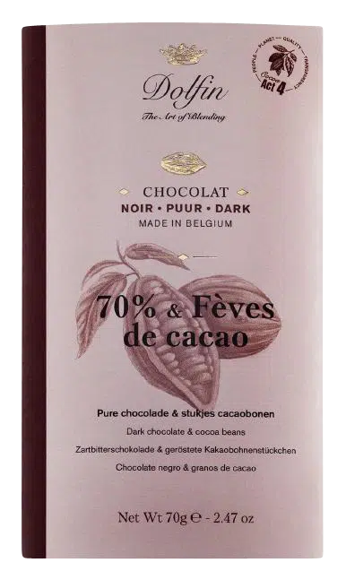 Tafelschokolade Zartbitterschokolade mit Kakaosplittern von Dolfin Verpackung