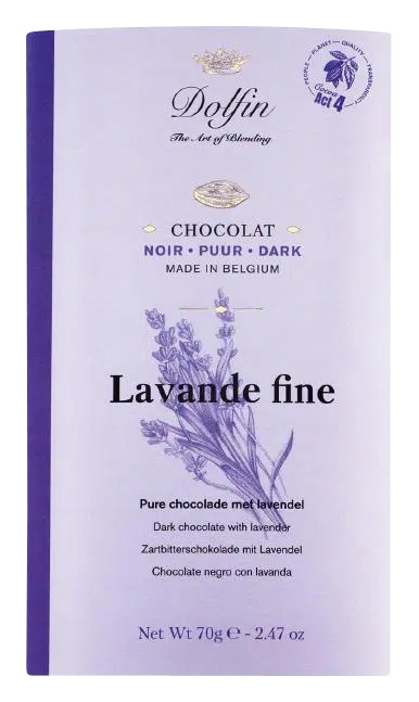 Tafelschokolade Zartbitterschokolade mit Lavendel Dolfin Verpackung