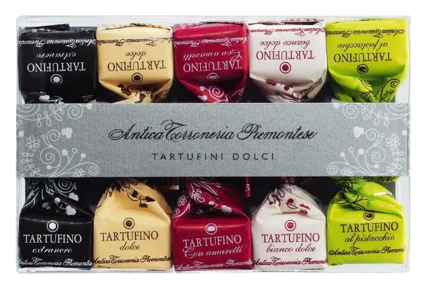 Tartufi Dolci mini Schokoladentrüffel Pralinen mit fünf unterschiedlichen Sorten Verpackung