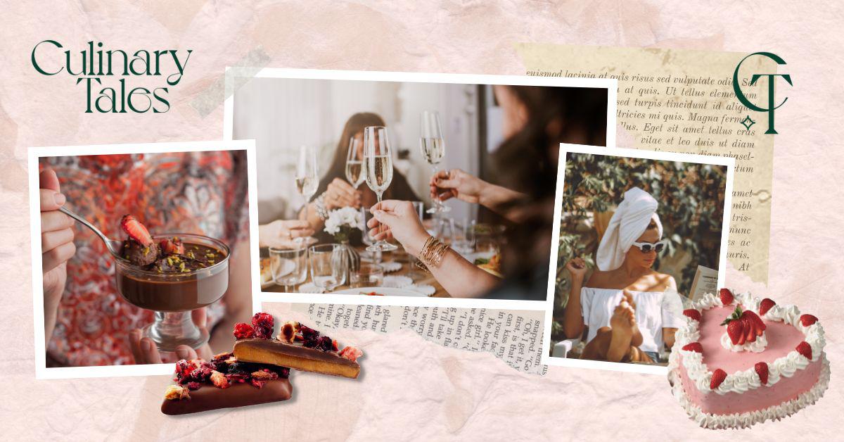 Stimmungsbild Culinary Tales mit Champagner Gläsern Torte, Keksen, Schokolade mit Erdbeeren und  kryptischen Schriften