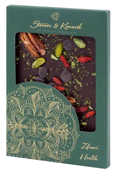 Zartbitterschokolade mit Goji Beeren und Moringa in Verpackung mit Sichtfenster