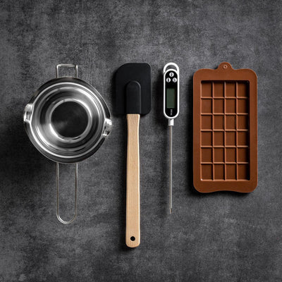 Küchenutensilien, Schokoladenform, Teigspachtel, Edelstahl-Schmelzschale, Thermometer