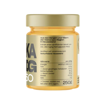 Manuka Honig MGO 250 im Glas von Anuk mit Nährwerttabelle