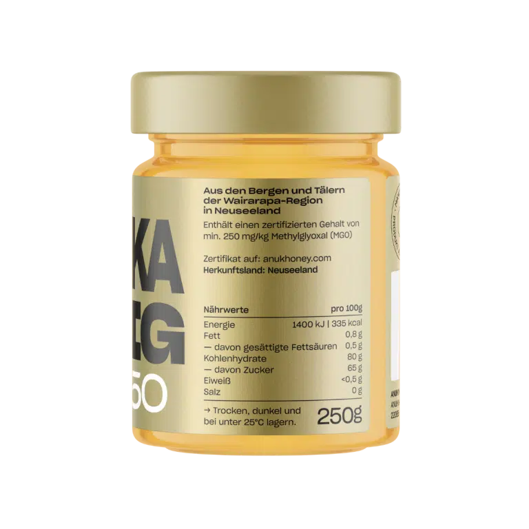 Manuka Honig MGO 250 im Glas von Anuk mit Nährwerttabelle