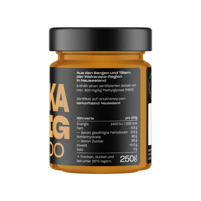 Manuka Honig MGO 400 im goldenen Glas , Nähwerttabelle 