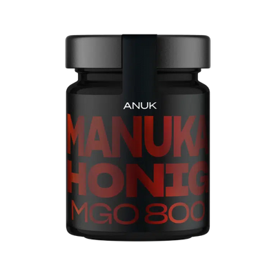 Manuka Honig MGO 800 im schwarzen Glas mit roter Schrift