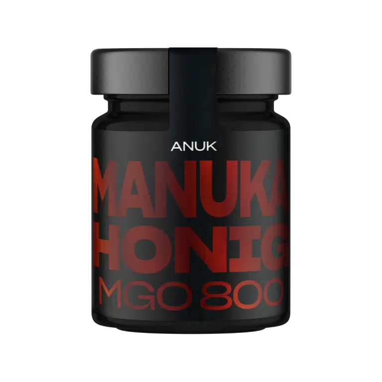 Manuka Honig MGO 800 im schwarzen Glas mit roter Schrift