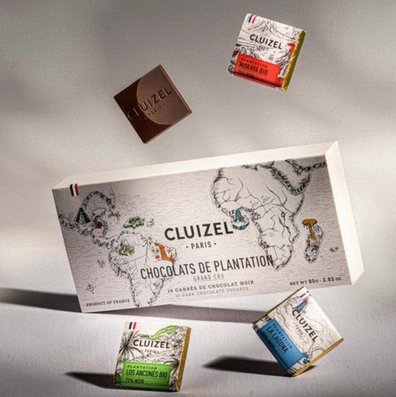 Verpackung Cluizel mini Tafelschokolade mit Abbildung von 4 Sorten Vollmilchschokolade und Zartbitterschokolade