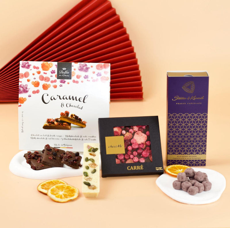 Früchte in Schokolade-Set Geschenkidee mit Keksen, Mandel und Tafelschokolade mit Früchten