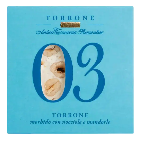 Nougat mit Piemont-Haselnüssen von Antica Torroneria Piemontese und Mandeln in Verpackung mit Sichtfenster