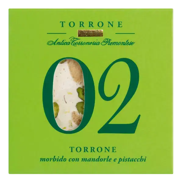 Nougat mit Pistazien von Antica Torroneria Piemontese in Verpackung mit Sichtfenster